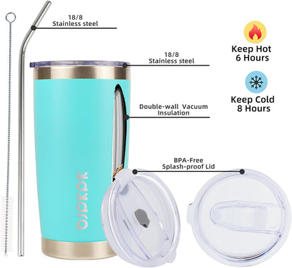 20 oz Coffee Tumbler with Lid & Straw, Insulated Stainless Steel Mug | Double Wall Vacuum, Keeps Hot/Cold, BPA Free, Leak Proof, Iced Coffee Cup Fit Car Holder, Travel & Beach, Lavender Green - Colors A