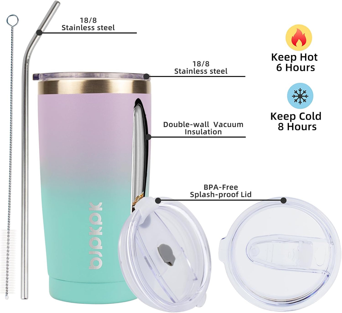 20 oz Coffee Tumbler with Lid & Straw, Insulated Stainless Steel Mug | Double Wall Vacuum, Keeps Hot/Cold, BPA Free, Leak Proof, Iced Coffee Cup Fit Car Holder, Travel & Beach, Lavender Green - Colors A