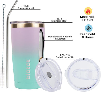 20 oz Coffee Tumbler with Lid & Straw, Insulated Stainless Steel Mug | Double Wall Vacuum, Keeps Hot/Cold, BPA Free, Leak Proof, Iced Coffee Cup Fit Car Holder, Travel & Beach, Lavender Green - Colors A