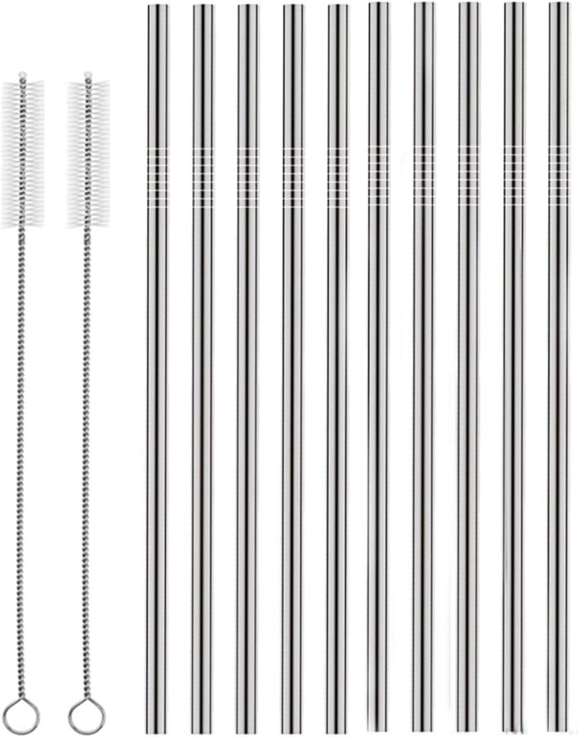 Set of 10 Stainless Steel Straws, Straight Reusable Drinking Straws 10.5'' Long 0.24‘’ Dia for 30 oz Tumbler and 20 oz Tumbler, 2 Cleaning Brush Included (10 Straight Straw + 2 Brushes）