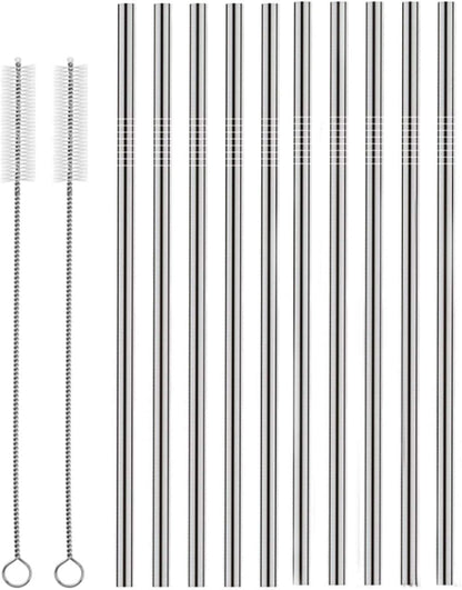 Set of 10 Stainless Steel Straws, Straight Reusable Drinking Straws 10.5'' Long 0.24‘’ Dia for 30 oz Tumbler and 20 oz Tumbler, 2 Cleaning Brush Included (10 Straight Straw + 2 Brushes）