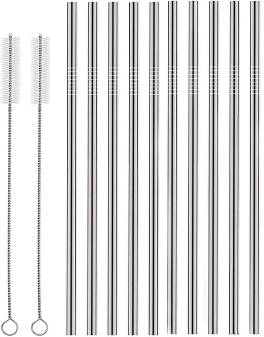 Set of 10 Stainless Steel Straws, Straight Reusable Drinking Straws 10.5'' Long 0.24‘’ Dia for 30 oz Tumbler and 20 oz Tumbler, 2 Cleaning Brush Included (10 Straight Straw + 2 Brushes）