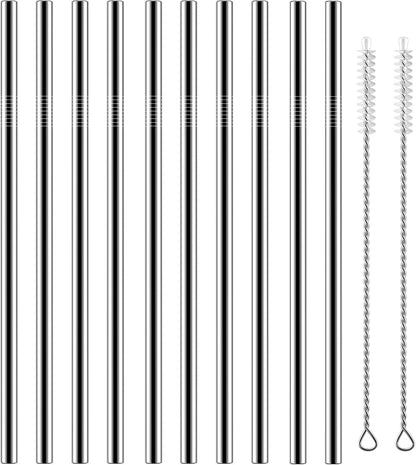 Set of 10 Stainless Steel Straws, Straight Reusable Drinking Straws 10.5'' Long 0.24‘’ Dia for 30 oz Tumbler and 20 oz Tumbler, 2 Cleaning Brush Included (10 Straight Straw + 2 Brushes）