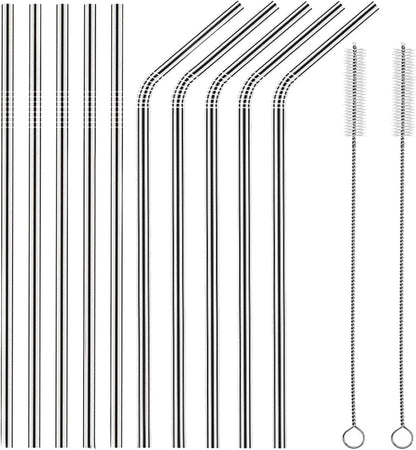 Set of 10 Stainless Steel Straws, Straight Reusable Drinking Straws 10.5'' Long 0.24‘’ Dia for 30 oz Tumbler and 20 oz Tumbler, 2 Cleaning Brush Included (10 Straight Straw + 2 Brushes）