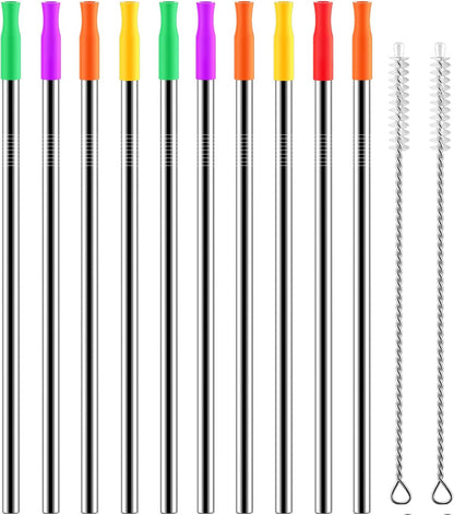Set of 10 Stainless Steel Straws, Straight Reusable Drinking Straws 10.5'' Long 0.24‘’ Dia for 30 oz Tumbler and 20 oz Tumbler, 2 Cleaning Brush Included (10 Straight Straw + 2 Brushes）
