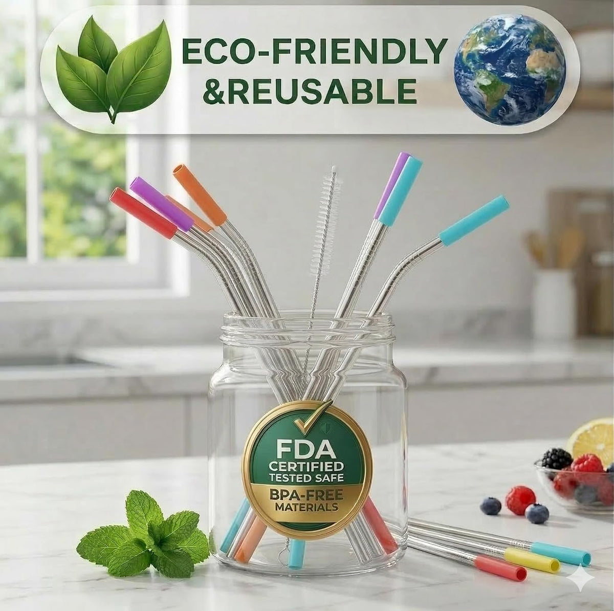 Set of 16 Reusable Stainless Steel Straws with Travel Case Cleaning Brush Silicone Tips Eco Friendly Extra Long Metal Straws Drinking for 20 24 30 oz Tumbler, Silver
