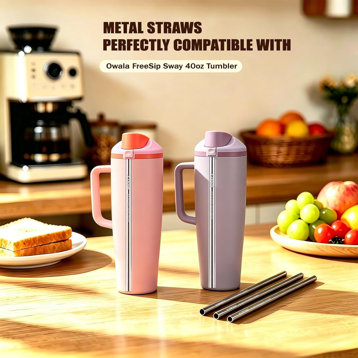 6Pcs Metal Straw Replacement Compatible With Owala FreeSip Tumbler 40oz, With 2 Straw Cleaner, Reusable Stainless Steel Straws for Owala