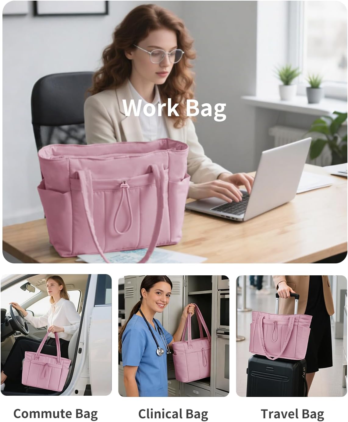 Work Tote for Women, 40oz Large Bottle Pocket, 15.6" Padded Device Compartment, Commute, Daily Use