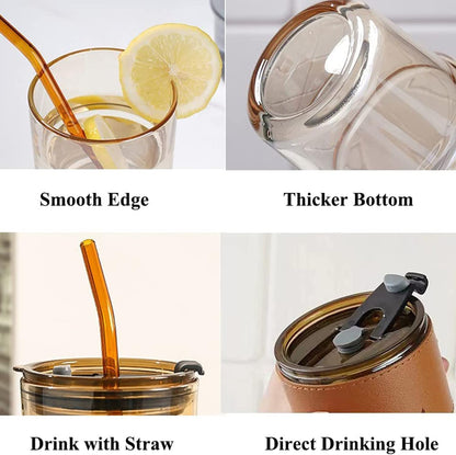 13oz/400ml Tumbler Water Glass, Cups with Straw and Lid Sealed Carry on for Coffee, Iced Tea, Thick Wall Insulated Glass Cup (Amber)…