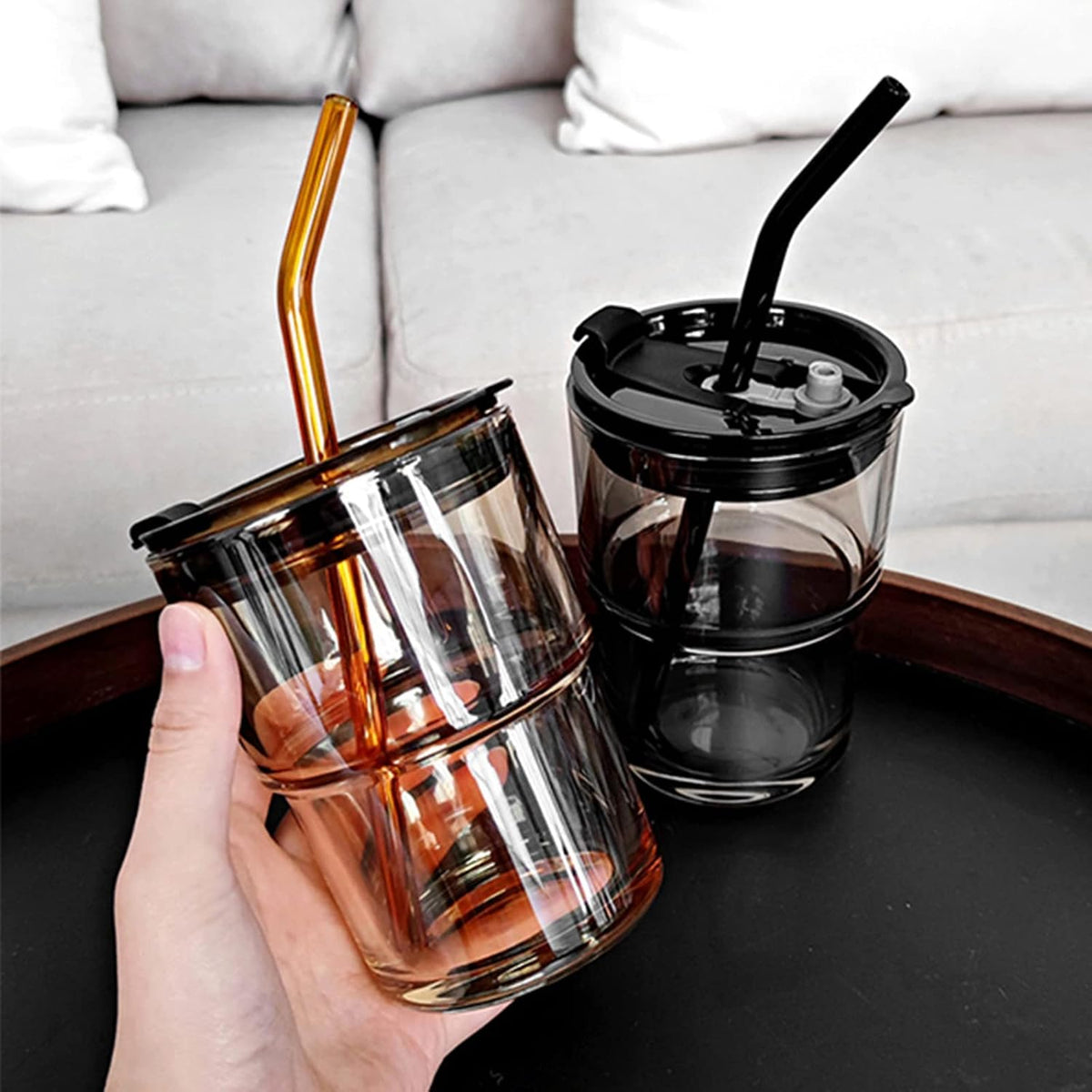 13oz/400ml Tumbler Water Glass, Cups with Straw and Lid Sealed Carry on for Coffee, Iced Tea, Thick Wall Insulated Glass Cup (Amber)…