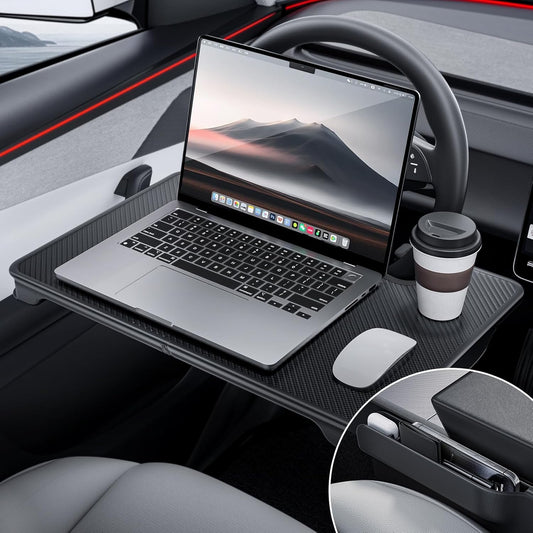 2-in-1 Car Steering Wheel Desk Tray & Car Seat Gap Filler Organizer – Foldable Carbon Fiber Look Table for Laptop, Eating Food, Writing – for Standard Round Steering Wheels