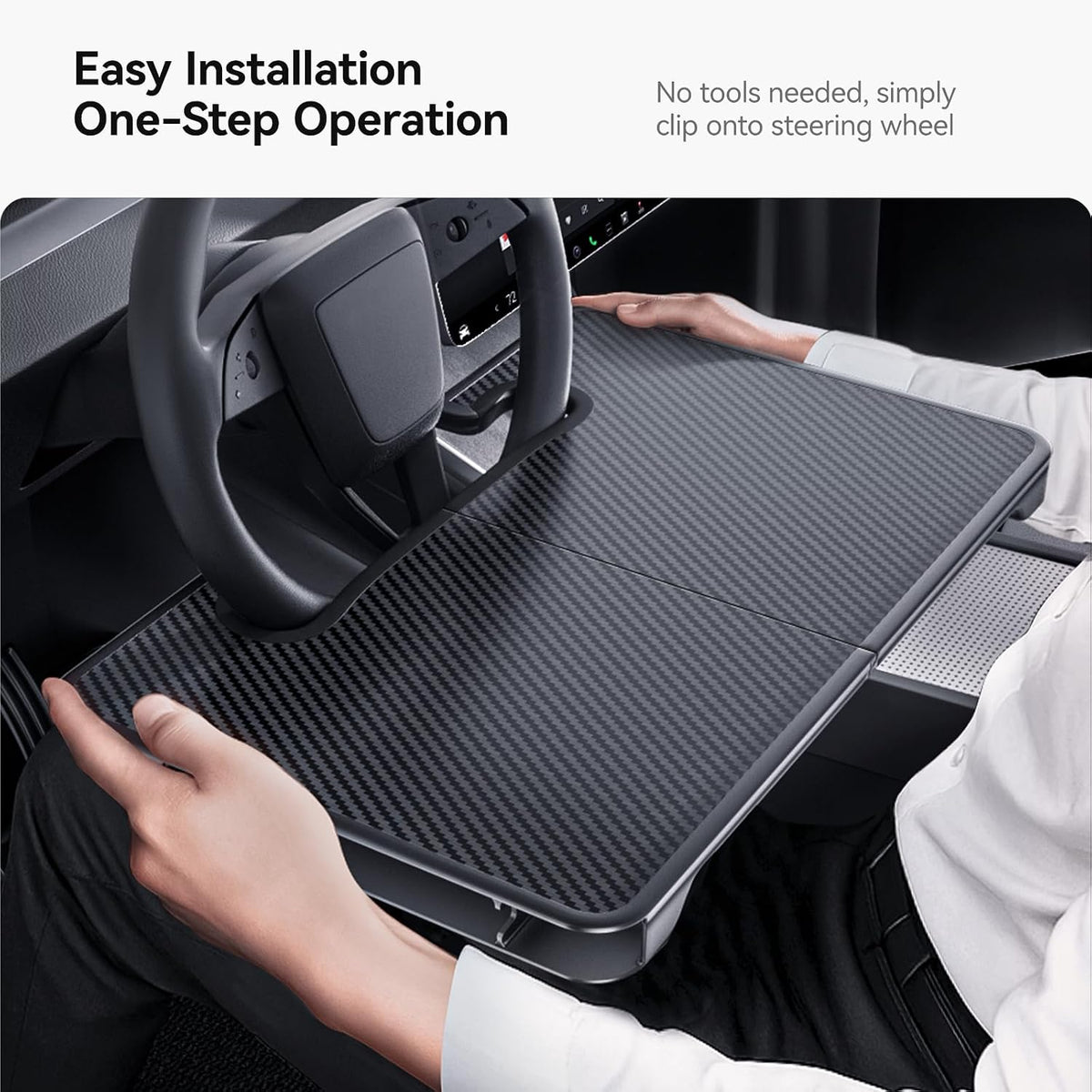 2-in-1 Car Steering Wheel Desk Tray & Car Seat Gap Filler Organizer – Foldable Carbon Fiber Look Table for Laptop, Eating Food, Writing – for Standard Round Steering Wheels