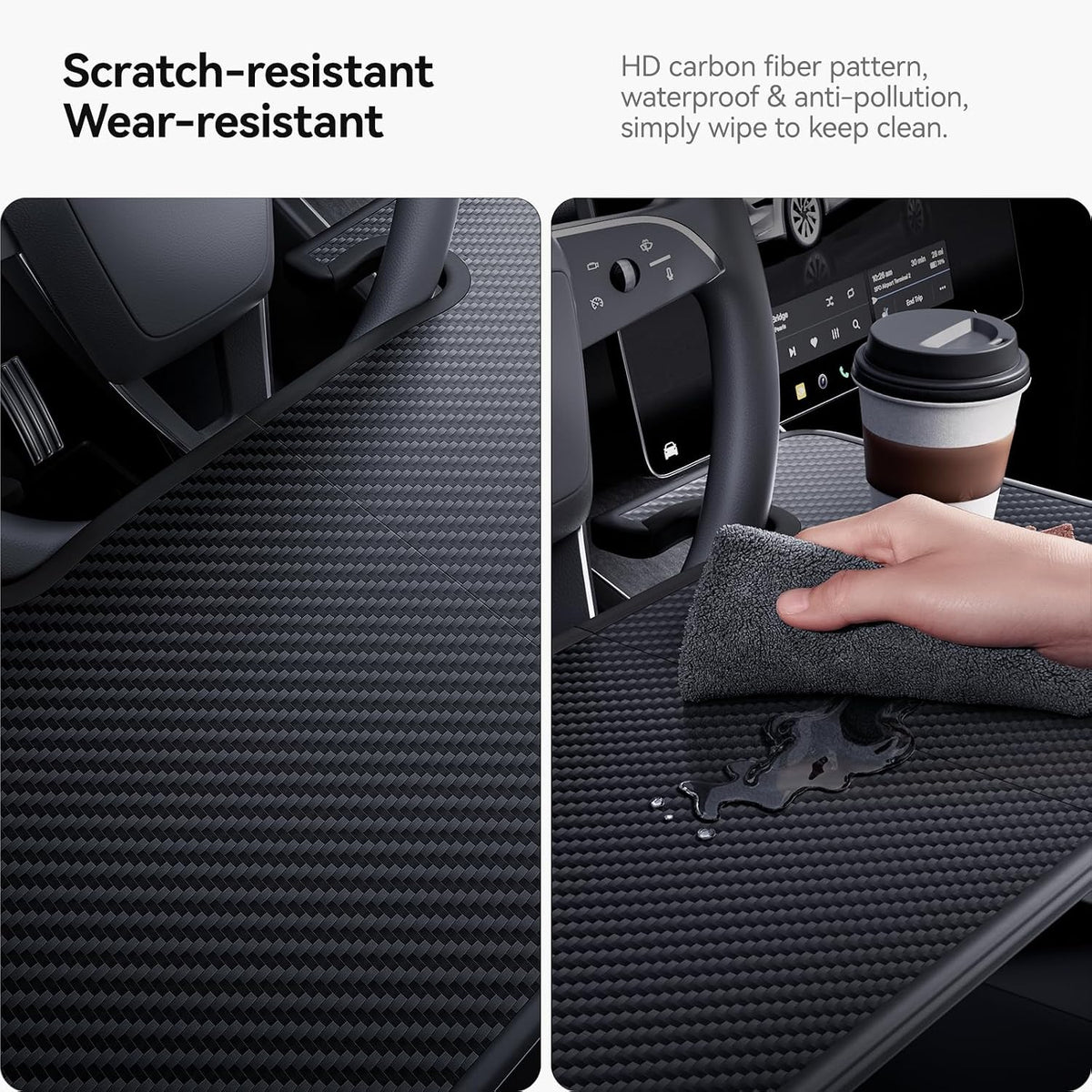 2-in-1 Car Steering Wheel Desk Tray & Car Seat Gap Filler Organizer – Foldable Carbon Fiber Look Table for Laptop, Eating Food, Writing – for Standard Round Steering Wheels