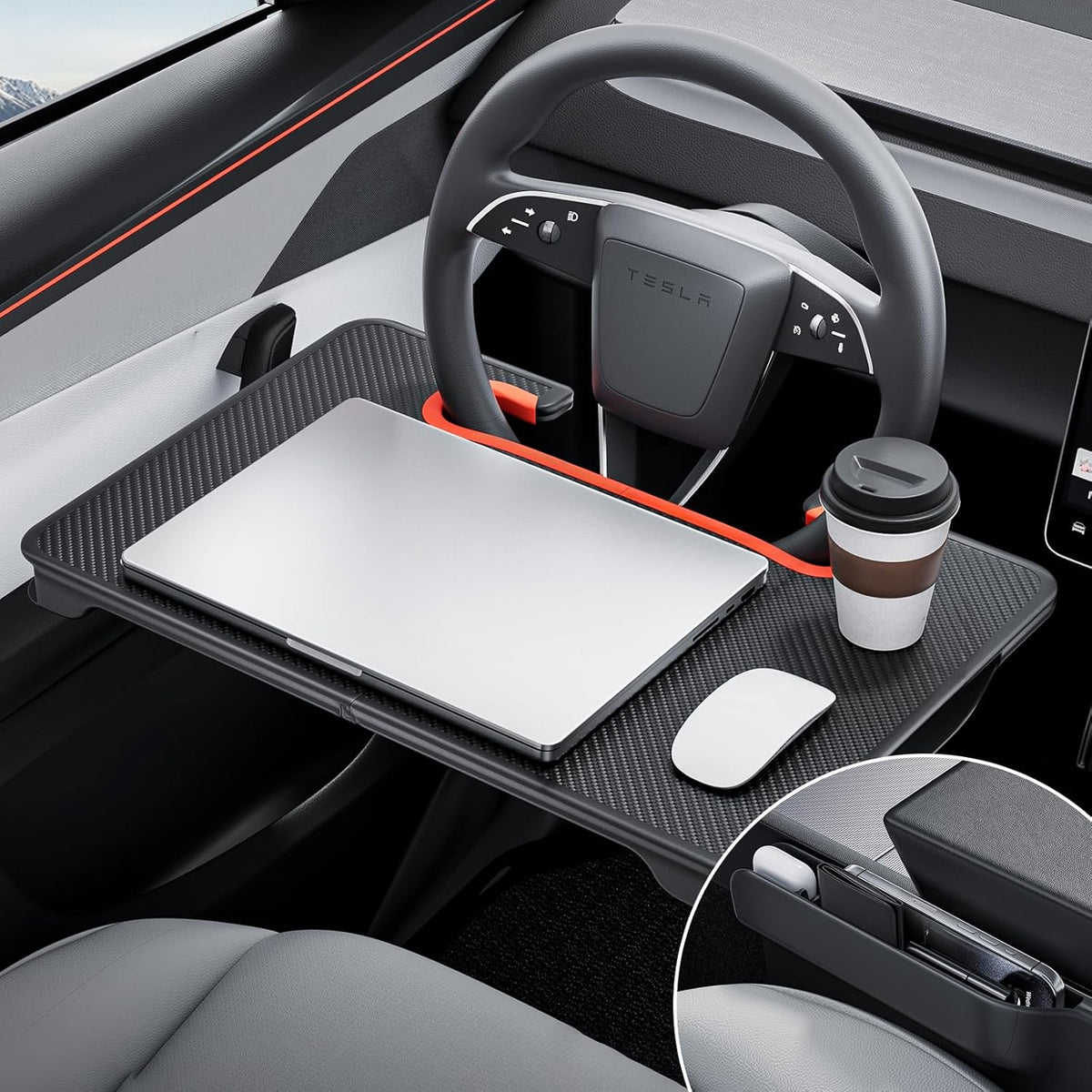 2-in-1 Car Steering Wheel Desk Tray & Car Seat Gap Filler Organizer – Foldable Carbon Fiber Look Table for Laptop, Eating Food, Writing – for Standard Round Steering Wheels