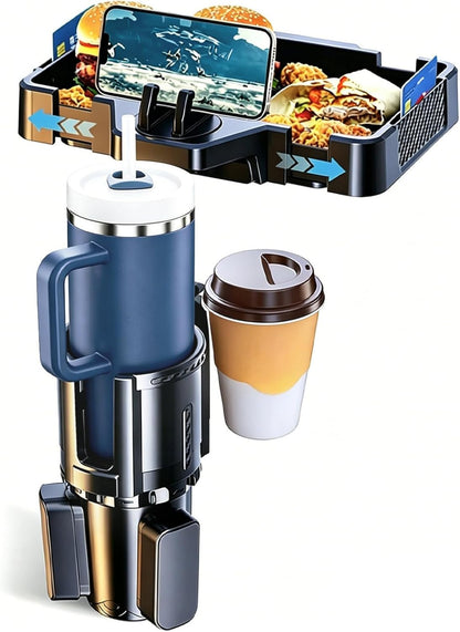 Car Cup Holder Tray, 10 Inch 4-in-1 Cup Holder Tray, 360° Rotating Drink Holder Expander with Detachable Food Tray & Phone Holder, Road Trip Essentials