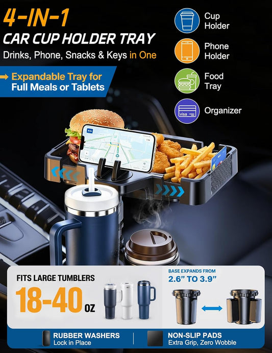 Car Cup Holder Tray, 10 Inch 4-in-1 Cup Holder Tray, 360° Rotating Drink Holder Expander with Detachable Food Tray & Phone Holder, Road Trip Essentials