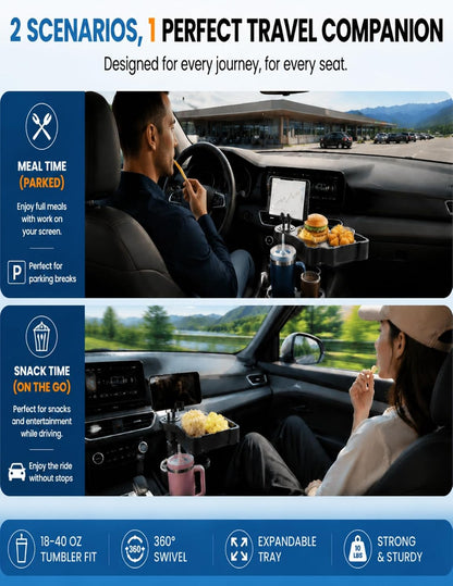 Car Cup Holder Tray, 10 Inch 4-in-1 Cup Holder Tray, 360° Rotating Drink Holder Expander with Detachable Food Tray & Phone Holder, Road Trip Essentials