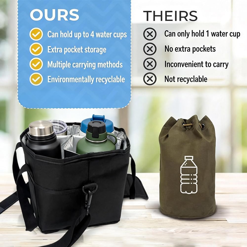 Family Size 4 Compartment Insulated Drink Bag, Portable 4 Cup Carrier with Shoulder Strap & Handle, Reusable Tote for Coffee Tumblers Water Bottles Picnic Hiking Daily Commute