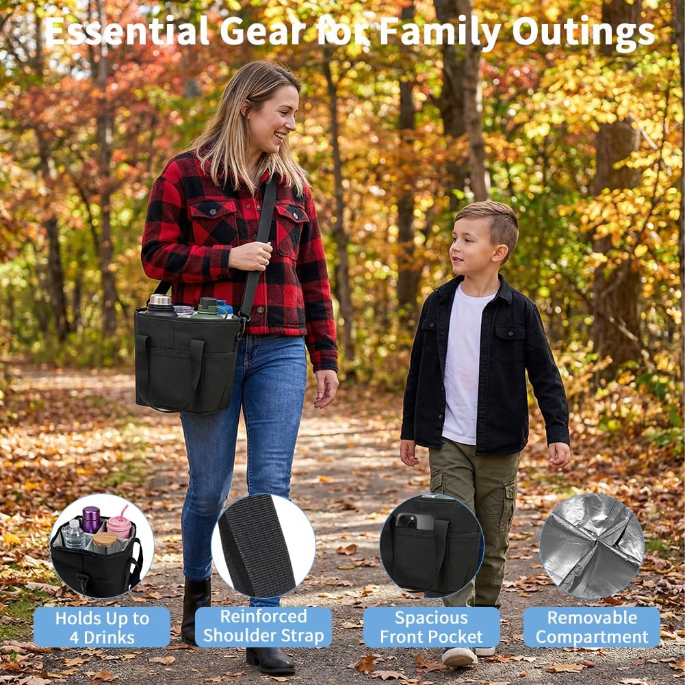 Family Size 4 Compartment Insulated Drink Bag, Portable 4 Cup Carrier with Shoulder Strap & Handle, Reusable Tote for Coffee Tumblers Water Bottles Picnic Hiking Daily Commute