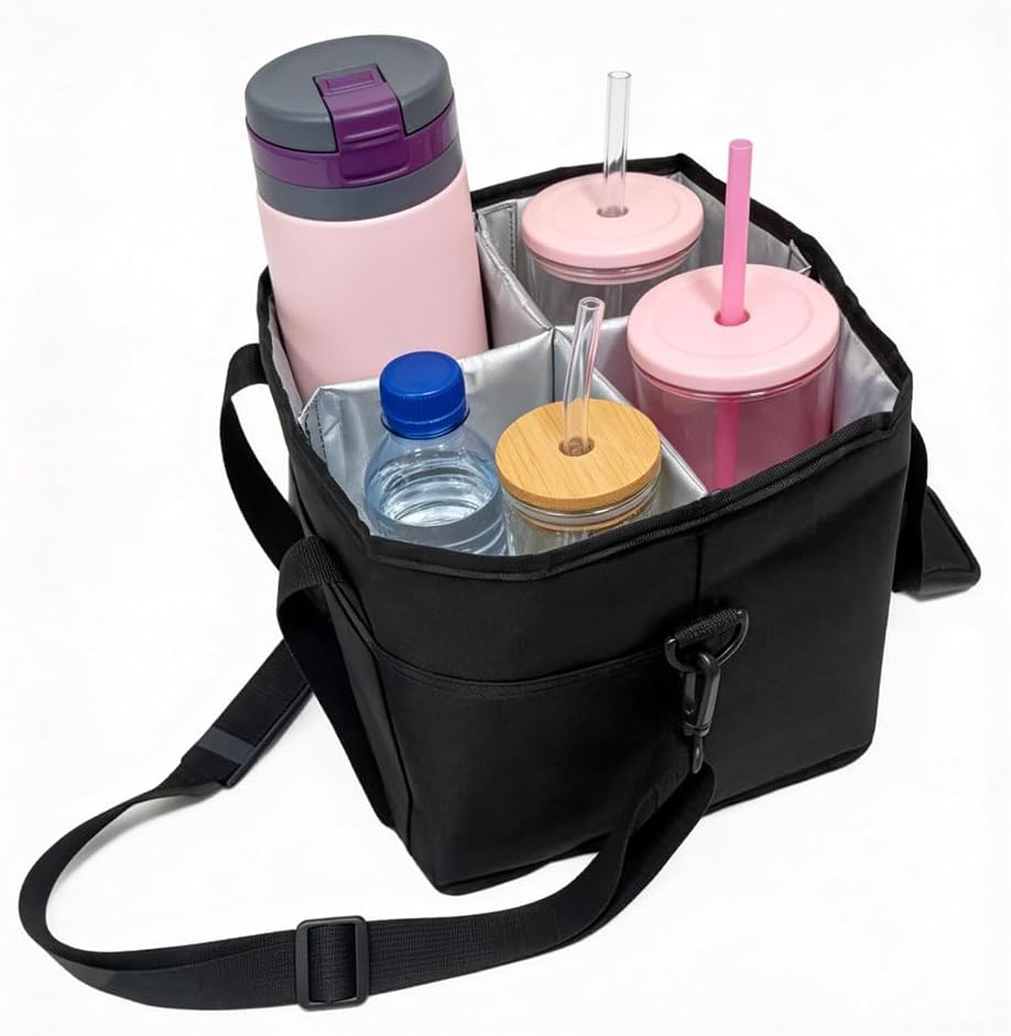 Family Size 4 Compartment Insulated Drink Bag, Portable 4 Cup Carrier with Shoulder Strap & Handle, Reusable Tote for Coffee Tumblers Water Bottles Picnic Hiking Daily Commute