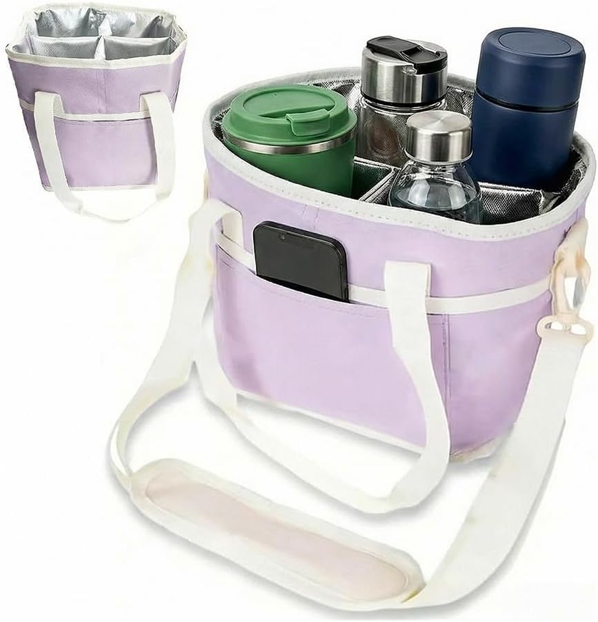 Family Size 4 Compartment Insulated Drink Bag, Portable 4 Cup Carrier with Shoulder Strap & Handle, Reusable Tote for Coffee Tumblers Water Bottles Picnic Hiking Daily Commute
