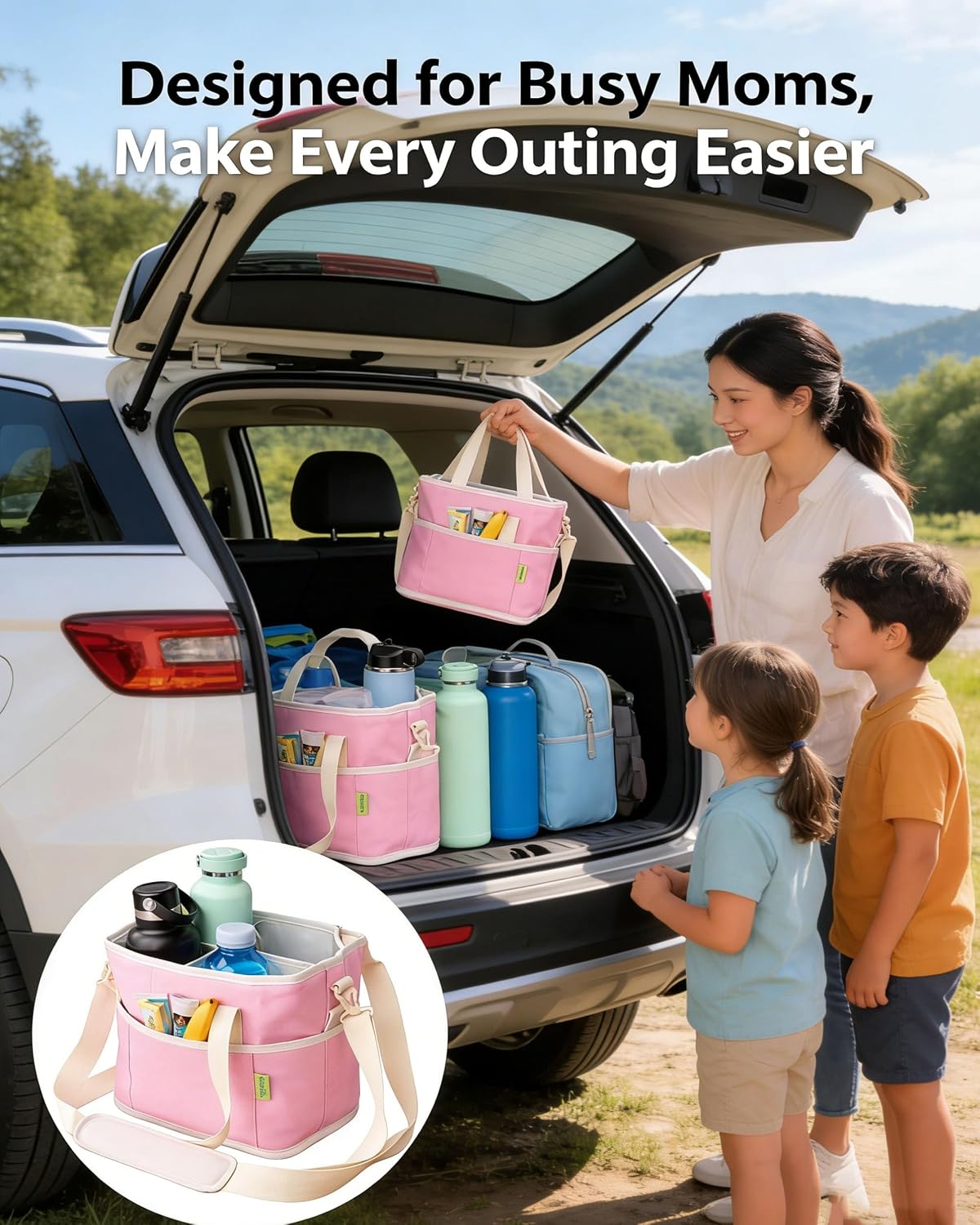 Family Size 4 Compartment Insulated Drink Bag, Portable 4 Cup Carrier with Shoulder Strap & Handle, Reusable Tote for Coffee Tumblers Water Bottles Picnic Hiking Daily Commute