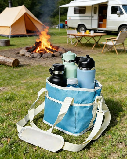 Family Size 4 Compartment Insulated Drink Bag, Portable 4 Cup Carrier with Shoulder Strap & Handle, Reusable Tote for Coffee Tumblers Water Bottles Picnic Hiking Daily Commute