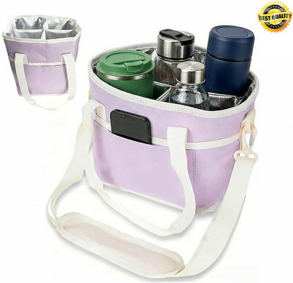 Family Size 4 Compartment Insulated Drink Bag, Portable 4 Cup Carrier with Shoulder Strap & Handle, Reusable Tote for Coffee Tumblers Water Bottles Picnic Hiking Daily Commute