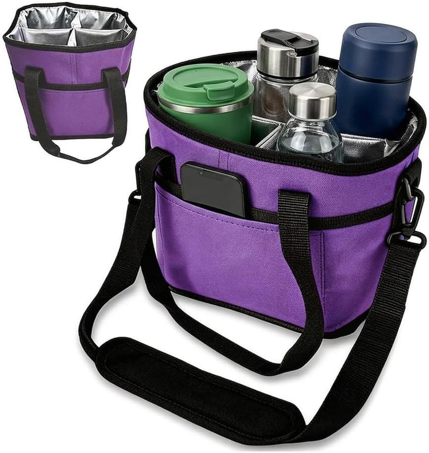 Family Size 4 Compartment Insulated Drink Bag, Portable 4 Cup Carrier with Shoulder Strap & Handle, Reusable Tote for Coffee Tumblers Water Bottles Picnic Hiking Daily Commute