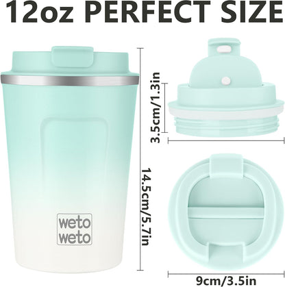 12 oz Stainless Steel Insulated Tumbler, Travel Coffee Mug, Insulated Coffee Mug with Lid, Spill Proof Coffee Cup, Portable Thermal Mug, Reusable Cup for Hot and Cold (Green-White)