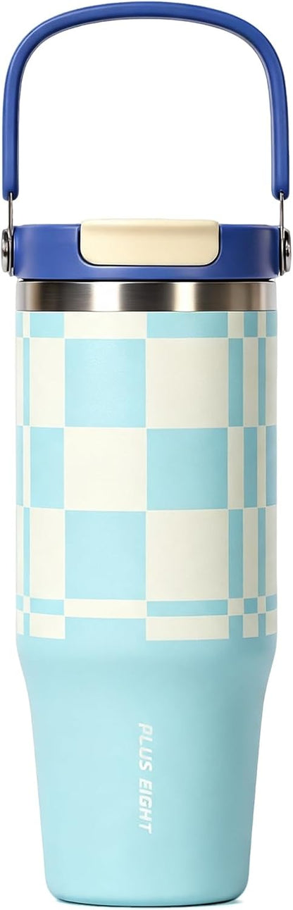 Stainless Steel Tumbler with Straw, 1000ml/32oz Travel Mug with Handle,Leakproof Reusable Travel Mug, Keeps Cold for 24H or Hot 12H, Fit in Car Cup Holder (Blue Grid)
