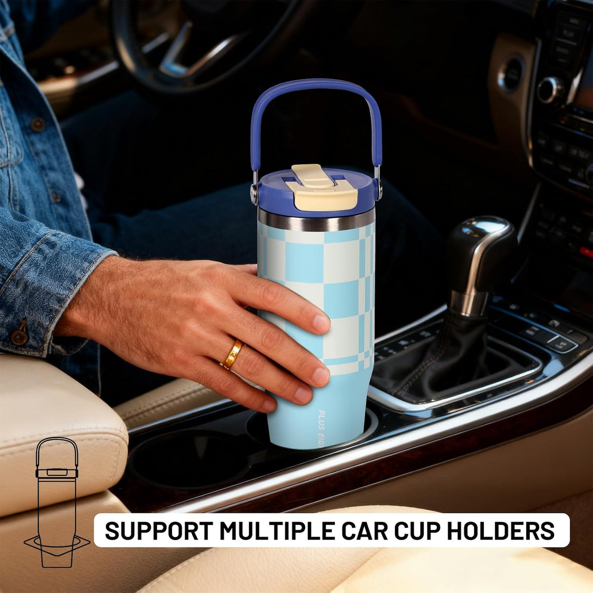 Stainless Steel Tumbler with Straw, 1000ml/32oz Travel Mug with Handle,Leakproof Reusable Travel Mug, Keeps Cold for 24H or Hot 12H, Fit in Car Cup Holder (Blue Grid)