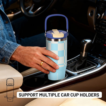 Stainless Steel Tumbler with Straw, 1000ml/32oz Travel Mug with Handle,Leakproof Reusable Travel Mug, Keeps Cold for 24H or Hot 12H, Fit in Car Cup Holder (Blue Grid)
