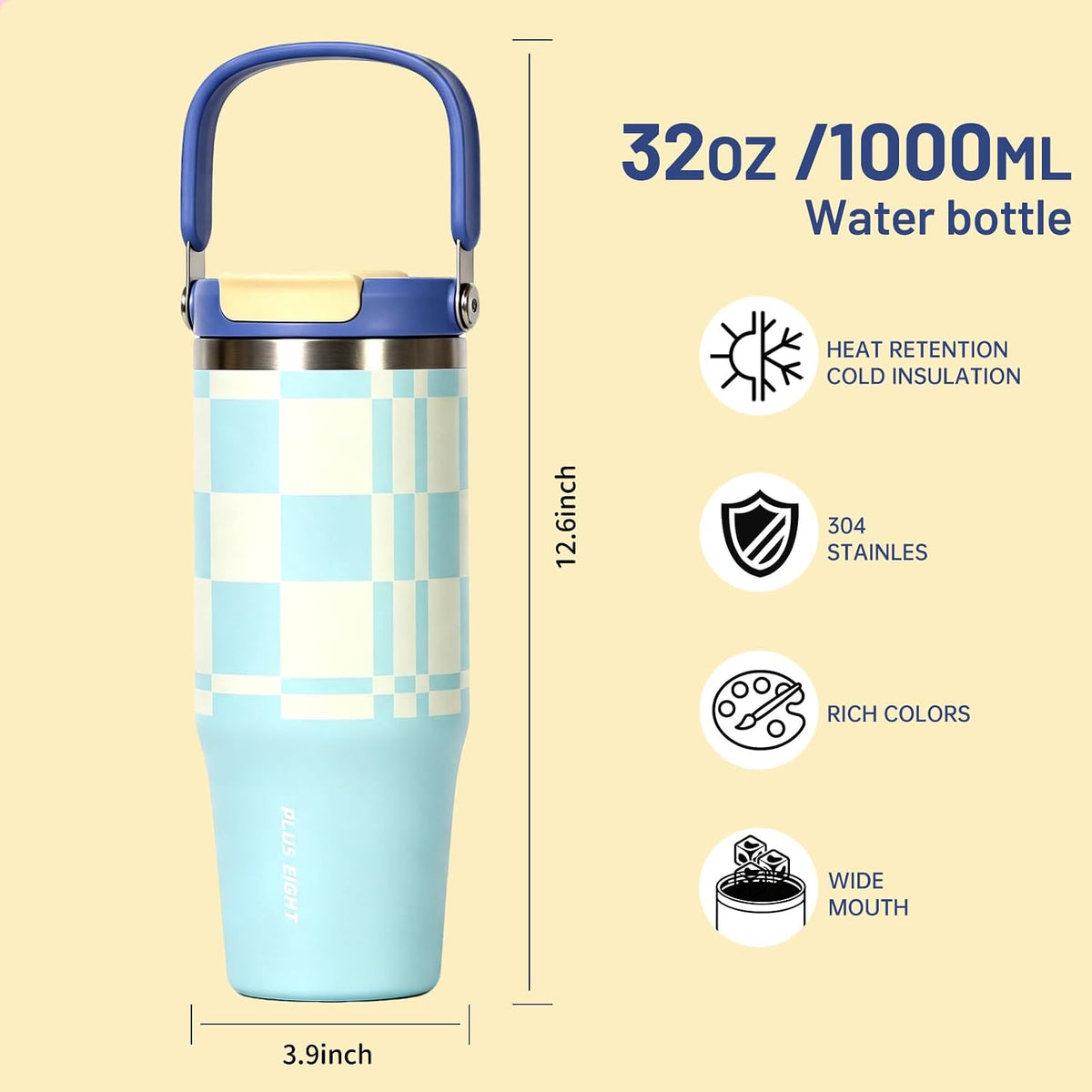 Stainless Steel Tumbler with Straw, 1000ml/32oz Travel Mug with Handle,Leakproof Reusable Travel Mug, Keeps Cold for 24H or Hot 12H, Fit in Car Cup Holder (Blue Grid)