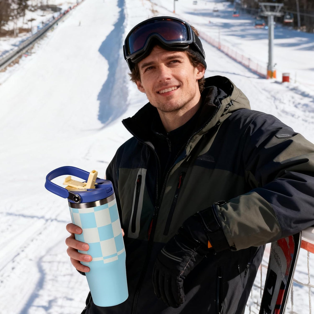 Stainless Steel Tumbler with Straw, 1000ml/32oz Travel Mug with Handle,Leakproof Reusable Travel Mug, Keeps Cold for 24H or Hot 12H, Fit in Car Cup Holder (Blue Grid)