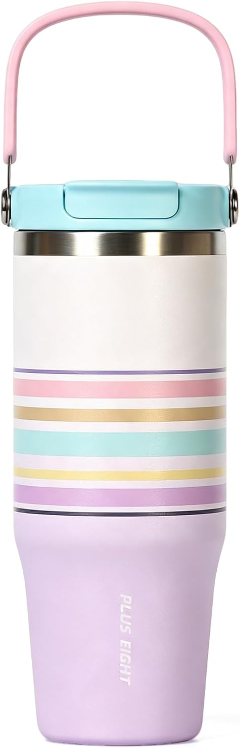 Stainless Steel Tumbler with Straw, 1000ml/32oz Travel Mug with Handle,Leakproof Reusable Travel Mug, Keeps Cold for 24H or Hot 12H, Fit in Car Cup Holder (Blue Grid)