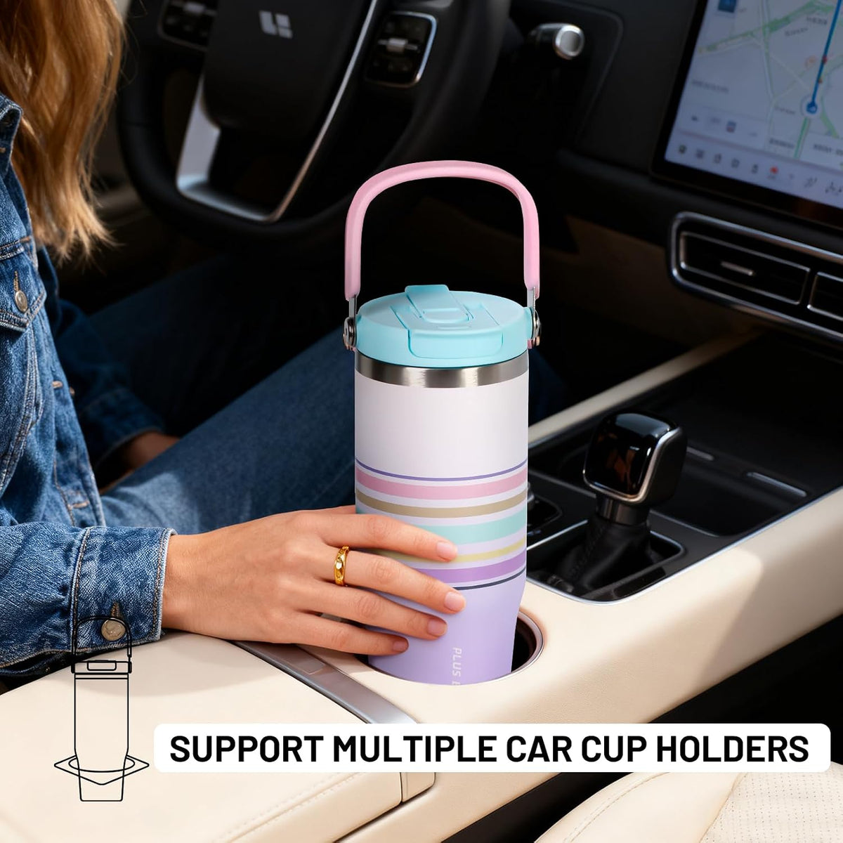 Stainless Steel Tumbler with Straw, 1000ml/32oz Travel Mug with Handle,Leakproof Reusable Travel Mug, Keeps Cold for 24H or Hot 12H, Fit in Car Cup Holder (Blue Grid)