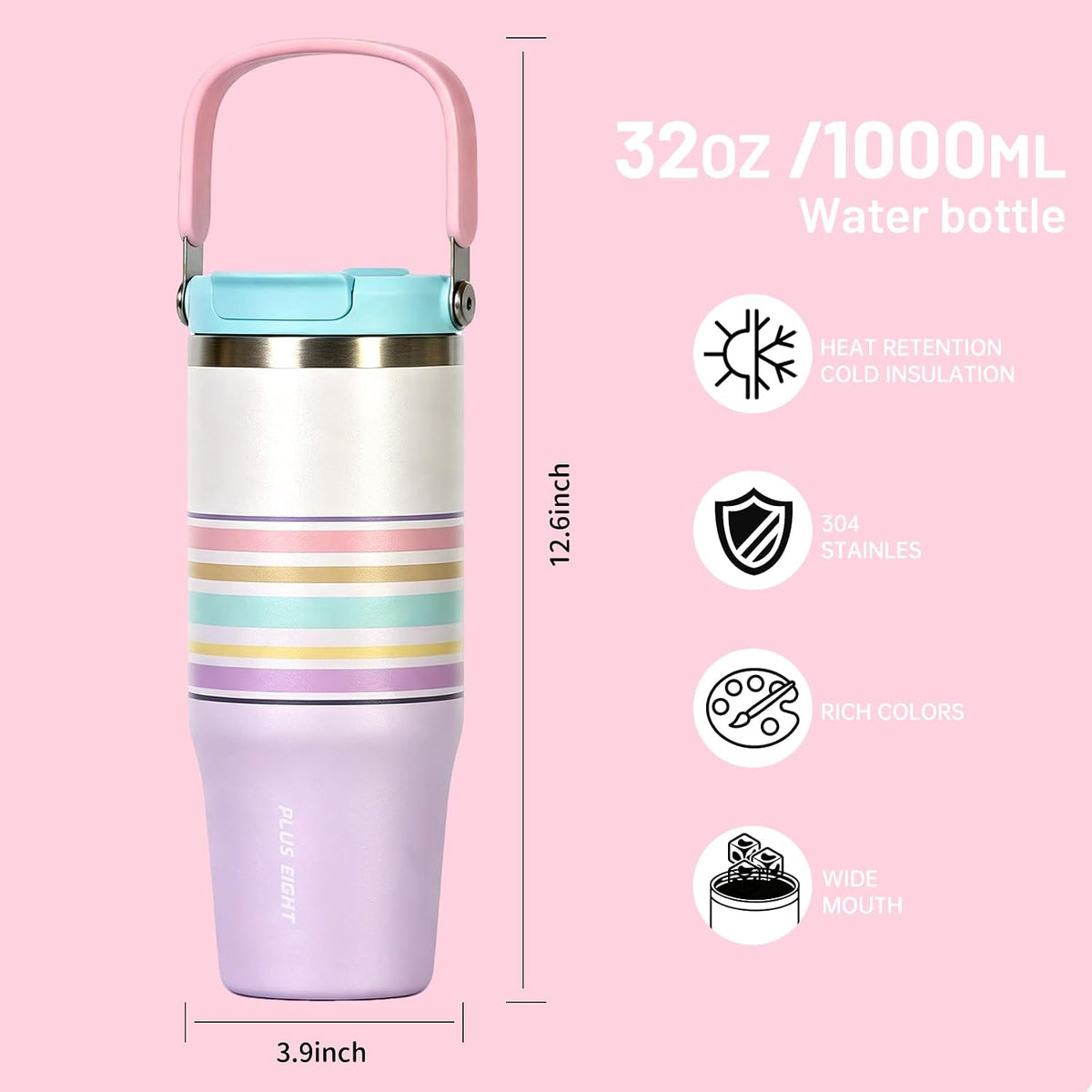 Stainless Steel Tumbler with Straw, 1000ml/32oz Travel Mug with Handle,Leakproof Reusable Travel Mug, Keeps Cold for 24H or Hot 12H, Fit in Car Cup Holder (Blue Grid)