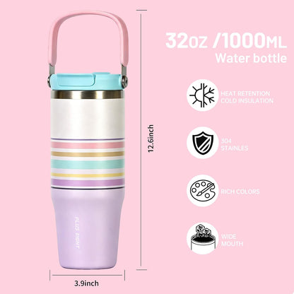 Stainless Steel Tumbler with Straw, 1000ml/32oz Travel Mug with Handle,Leakproof Reusable Travel Mug, Keeps Cold for 24H or Hot 12H, Fit in Car Cup Holder (Blue Grid)