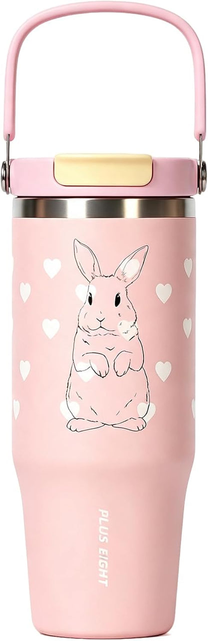 Stainless Steel Tumbler with Straw, 1000ml/32oz Travel Mug with Handle,Leakproof Reusable Travel Mug, Keeps Cold for 24H or Hot 12H, Fit in Car Cup Holder (Blue Grid)