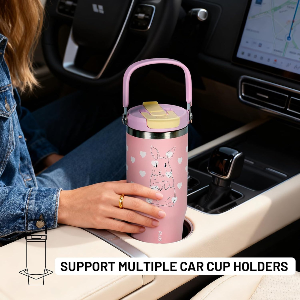 Stainless Steel Tumbler with Straw, 1000ml/32oz Travel Mug with Handle,Leakproof Reusable Travel Mug, Keeps Cold for 24H or Hot 12H, Fit in Car Cup Holder (Blue Grid)