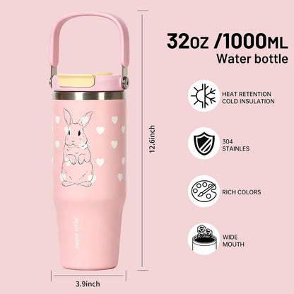 Stainless Steel Tumbler with Straw, 1000ml/32oz Travel Mug with Handle,Leakproof Reusable Travel Mug, Keeps Cold for 24H or Hot 12H, Fit in Car Cup Holder (Blue Grid)