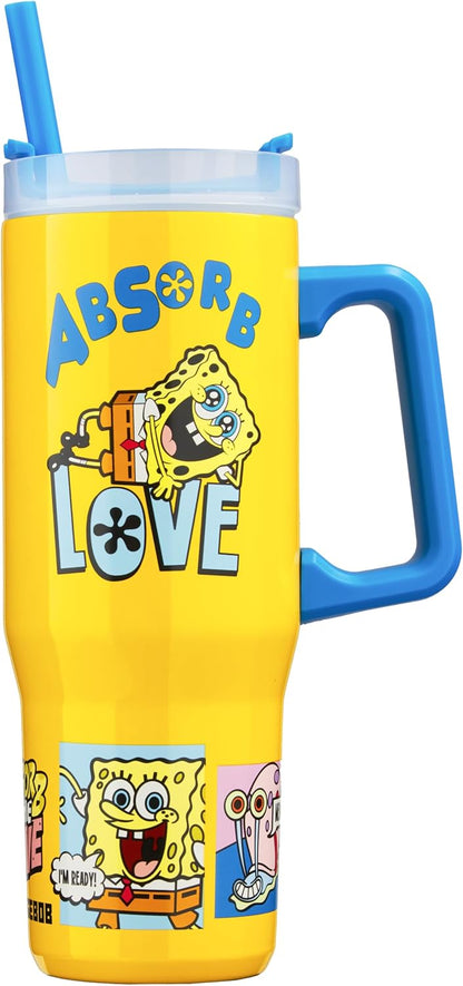 SpongeBob SquarePants Tumbler with Handle and Straw 32 oz, Keeps Hot 8 Hrs, Cold 12H & Ice 42H, BPA-Free Insulated Stainless Steel Water Bottle, Travel Mug, Kids Gifts (Yellow SpongeBob)