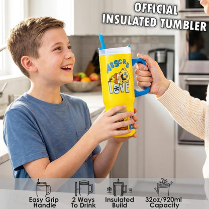 SpongeBob SquarePants Tumbler with Handle and Straw 32 oz, Keeps Hot 8 Hrs, Cold 12H & Ice 42H, BPA-Free Insulated Stainless Steel Water Bottle, Travel Mug, Kids Gifts (Yellow SpongeBob)