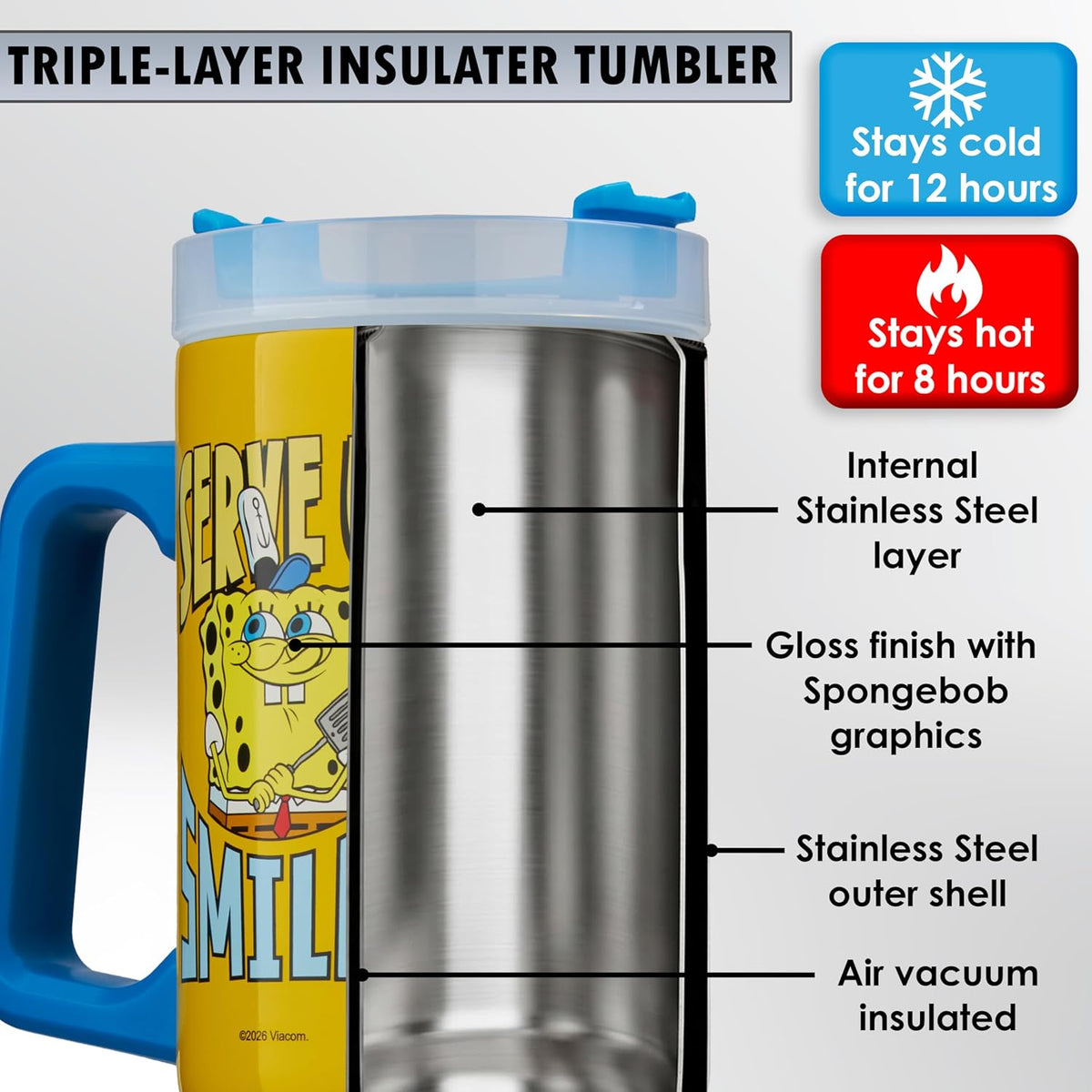 SpongeBob SquarePants Tumbler with Handle and Straw 32 oz, Keeps Hot 8 Hrs, Cold 12H & Ice 42H, BPA-Free Insulated Stainless Steel Water Bottle, Travel Mug, Kids Gifts (Yellow SpongeBob)