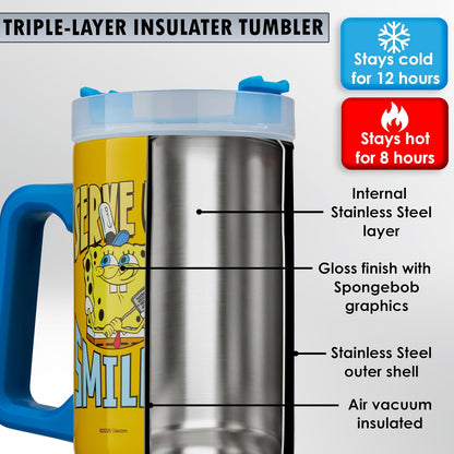 SpongeBob SquarePants Tumbler with Handle and Straw 32 oz, Keeps Hot 8 Hrs, Cold 12H & Ice 42H, BPA-Free Insulated Stainless Steel Water Bottle, Travel Mug, Kids Gifts (Yellow SpongeBob)