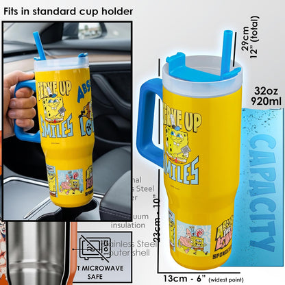SpongeBob SquarePants Tumbler with Handle and Straw 32 oz, Keeps Hot 8 Hrs, Cold 12H & Ice 42H, BPA-Free Insulated Stainless Steel Water Bottle, Travel Mug, Kids Gifts (Yellow SpongeBob)