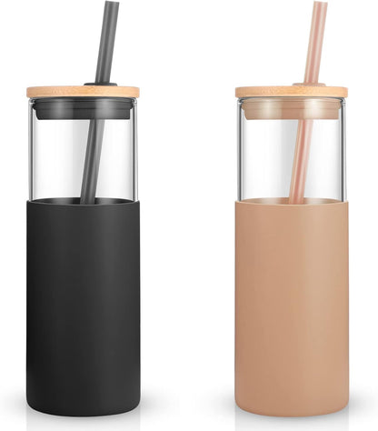 24 oz Glass Tumbler with Lids and Straws, Reusable Iced Coffee Cups