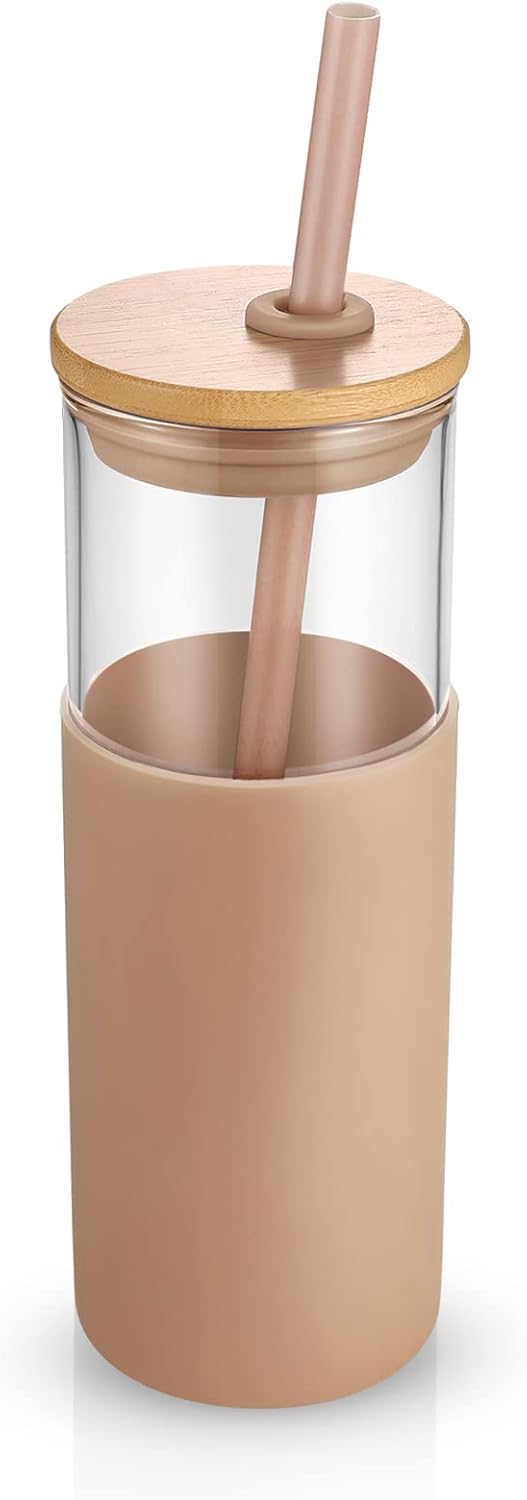 24 oz Glass Tumbler with Lids and Straws, Reusable Iced Coffee Cups