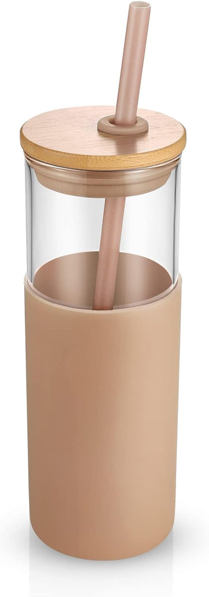 24 oz Glass Tumbler with Lids and Straws, Reusable Iced Coffee Cups